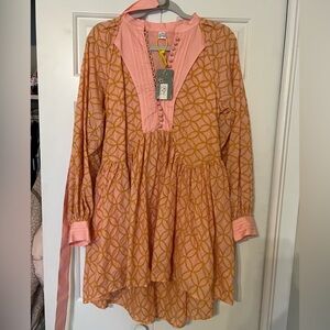 REVOLVE Peach and Gold Patterned Mini Dress